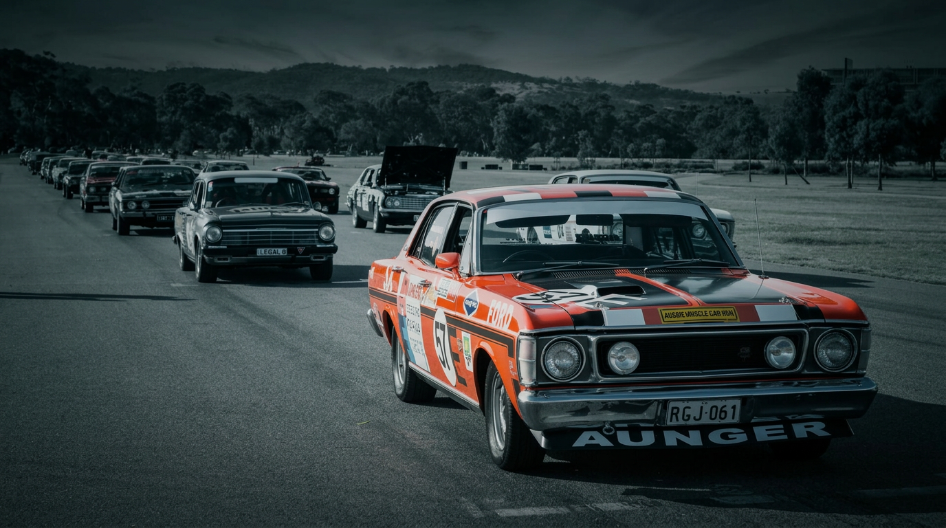 Australian muscle cars lined up at an enthusiast event